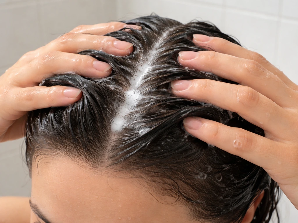 Hands part hair and apply medicated shampoo foam to the scalp in a bright bathroom.