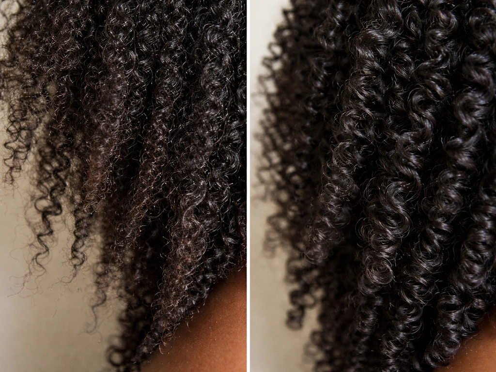Close-up of two sets of dark coily hair: one with breakage, one with longer, intact curls.