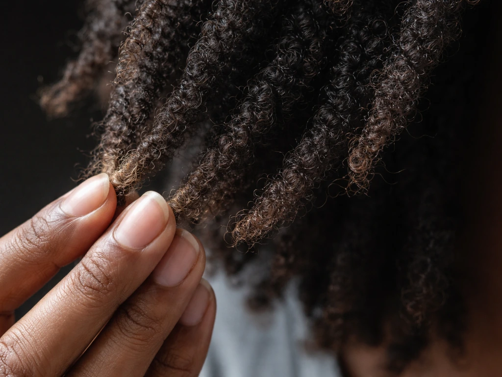 Closeup of coily/kinky natural hair strands showing dryness while gently handled