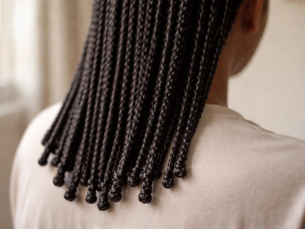Close-up of braided hair with neatly tucked, secured ends in soft natural light