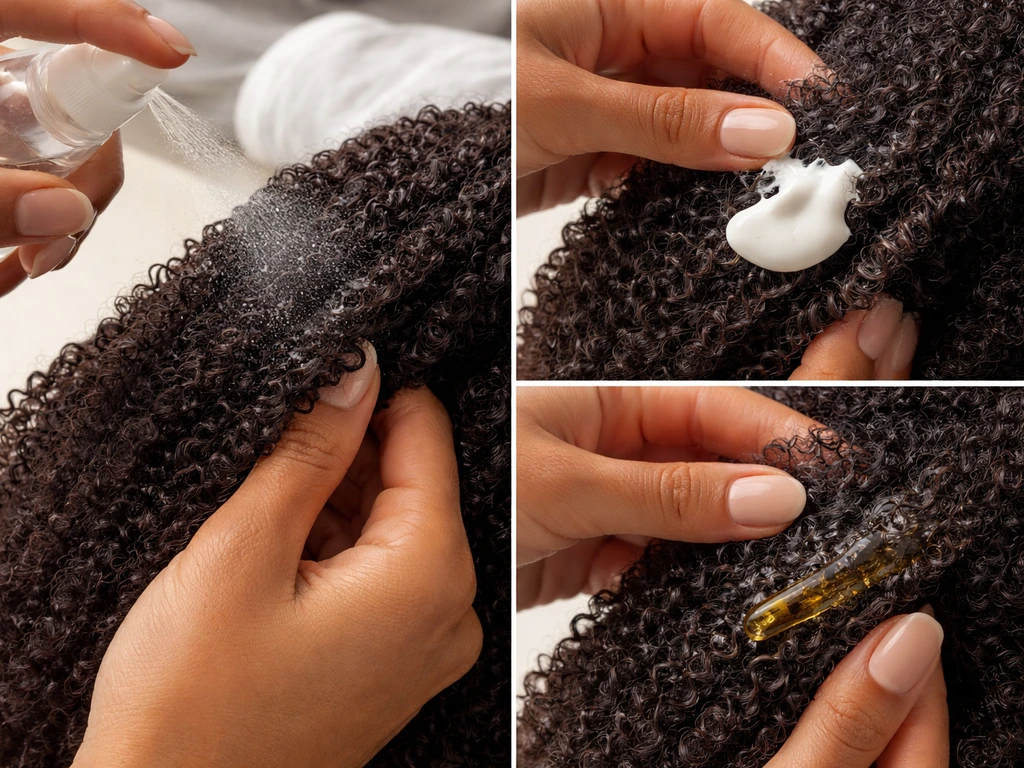 Hands apply water, cream, then oil to separate sections of coily hair for LOC/LCO stacking.
