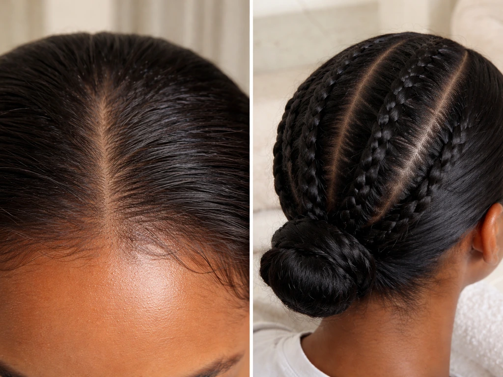 Close-up of a healthy scalp next to neat protective styling imagery suggesting length retention.
