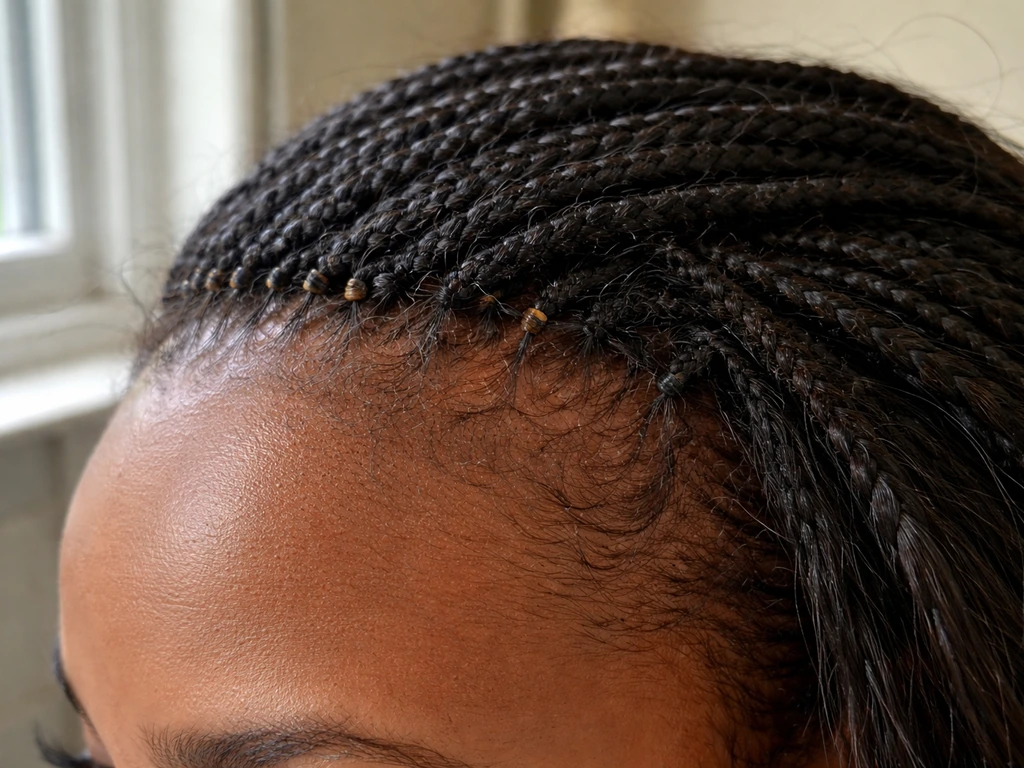 Close-up of a hairline with a slightly loosened tight weave showing mild scalp irritation.
