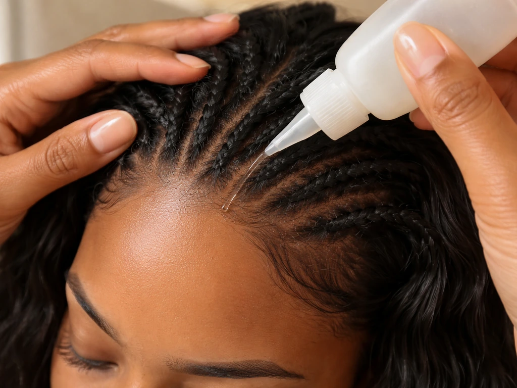 Person gently applying moisturizing shampoo to a scalp with a nozzle applicator bottle