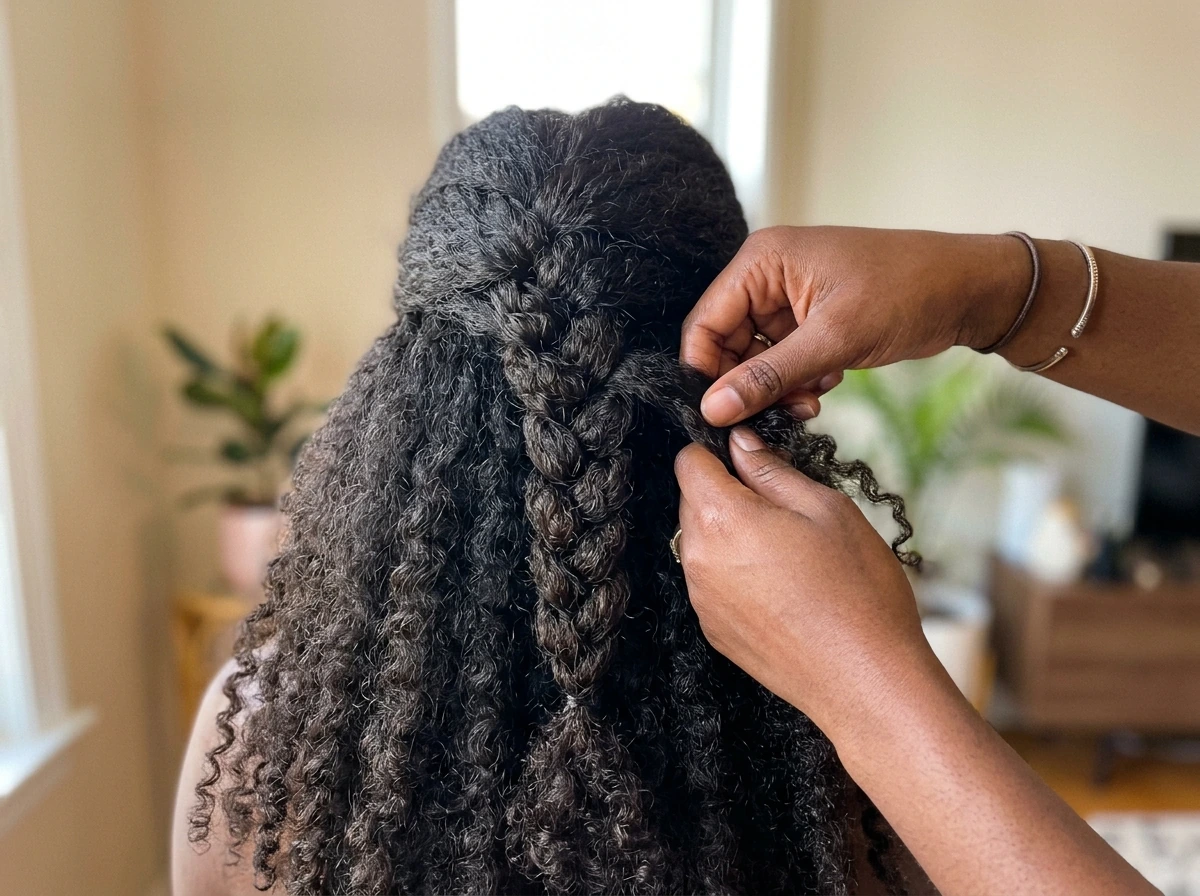 Loose French braid stretched on textured hair, showing ends controlled and tucked