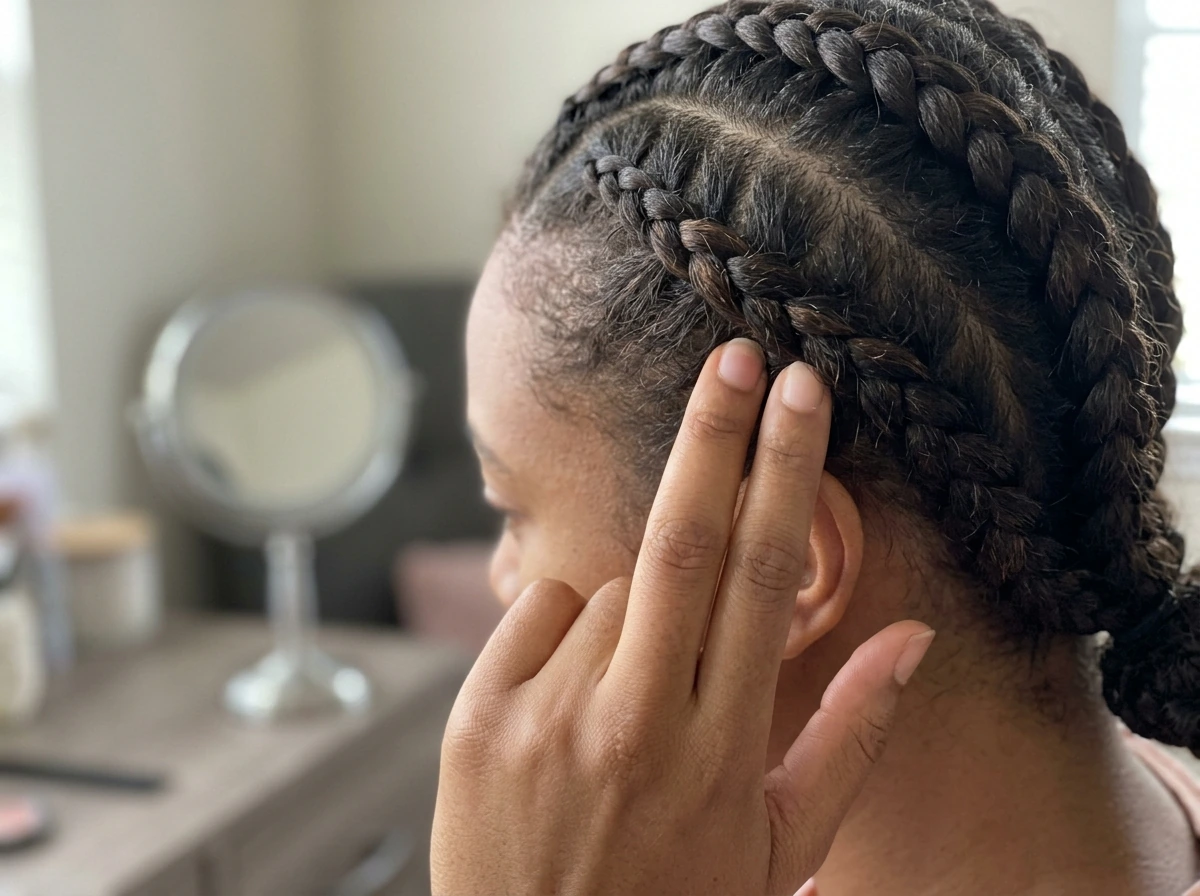 Finger-checking braid tension at the scalp before leaving it in