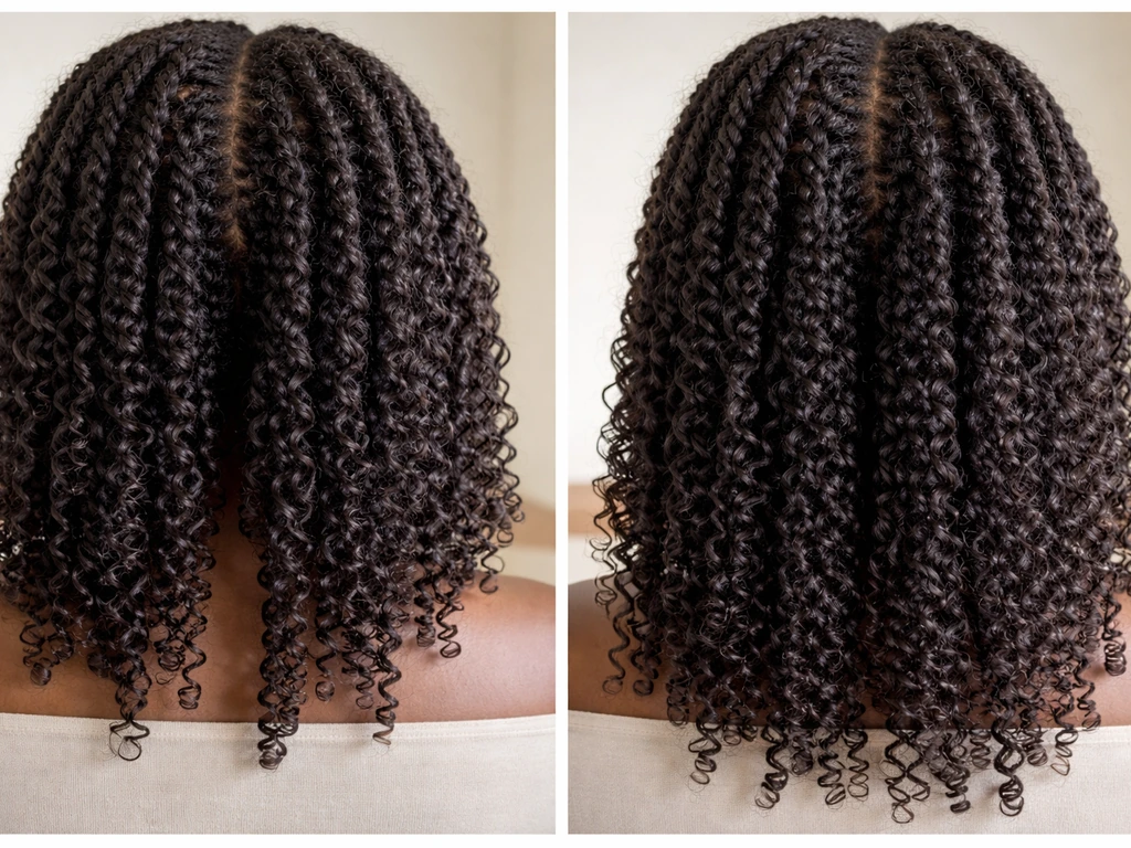 Close-up of African hair showing clear longer length retention and moisturized curl definition in a simple setting.