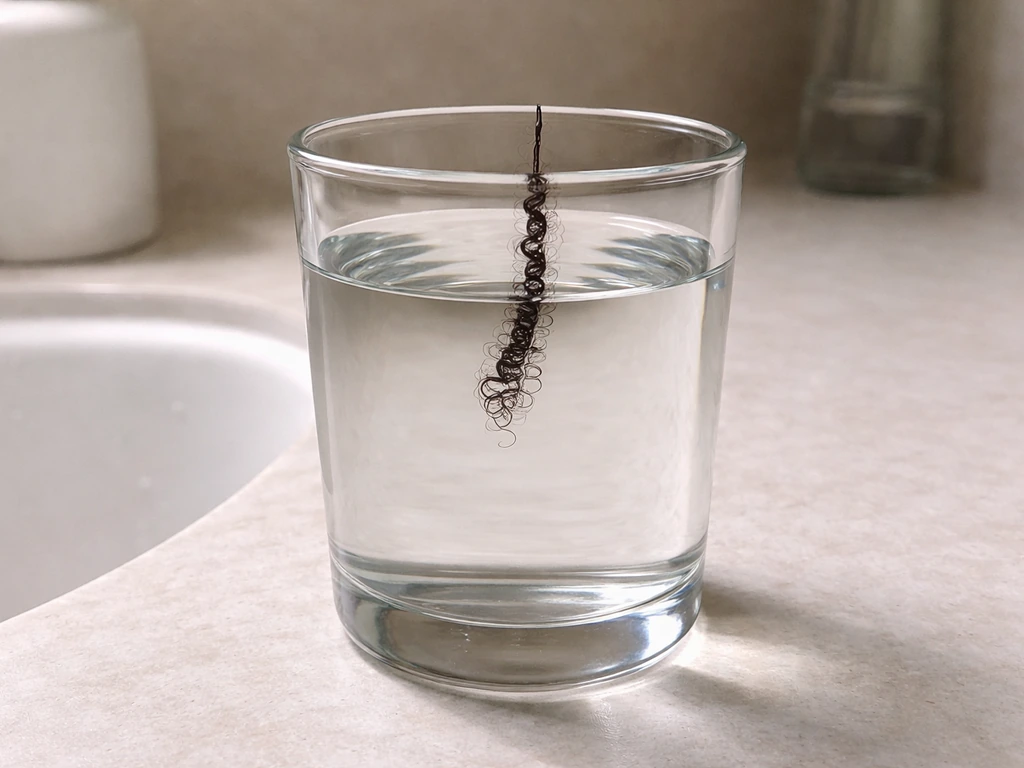 Close-up of a clear glass of water with a small strand of textured hair suspended for a porosity test.
