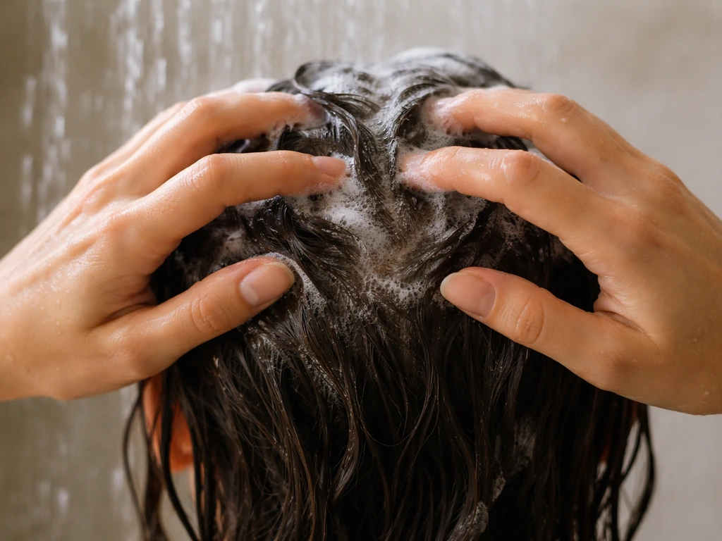 Hands gently lathering sulfate-free shampoo into a clean scalp under a soft shower stream.