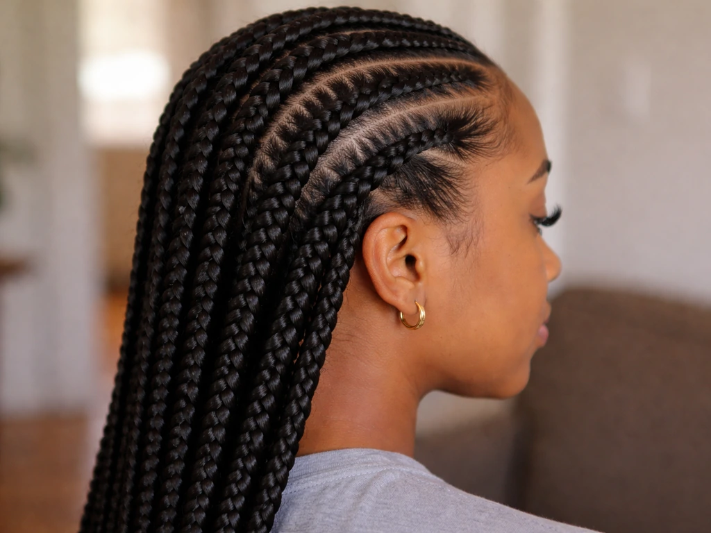 Close-up of neatly installed braids with gentle hairline, showing no tension or pulling.