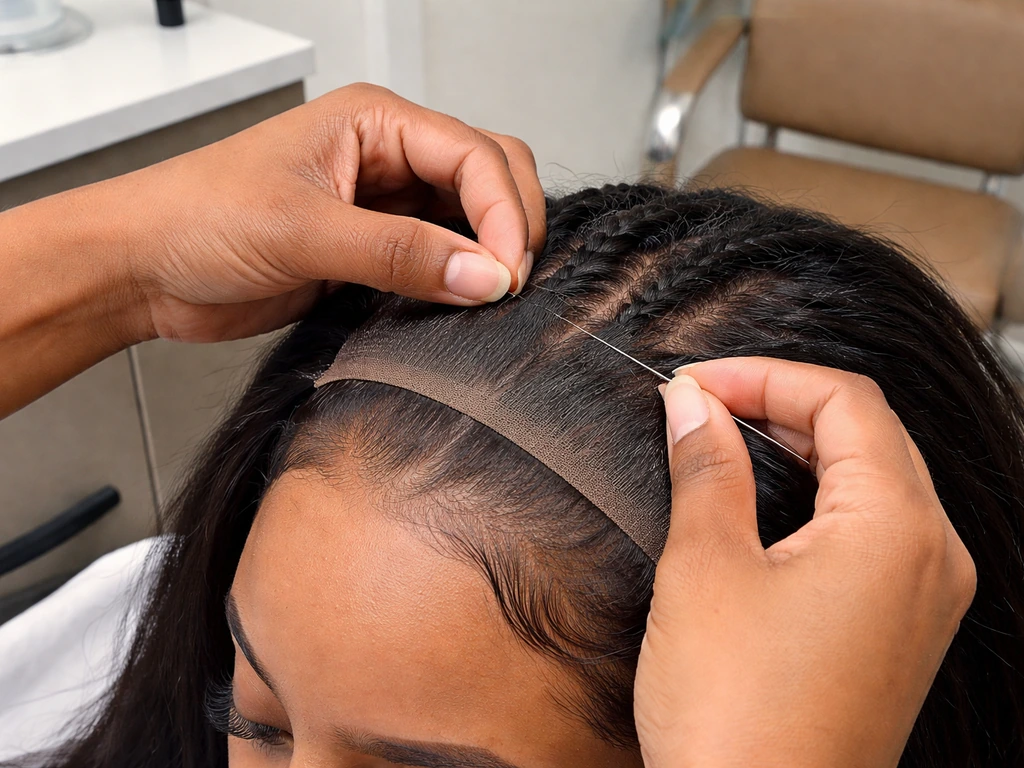 Hair stylist sectioning a sew-in near the hairline with a closure laid flat on the scalp area