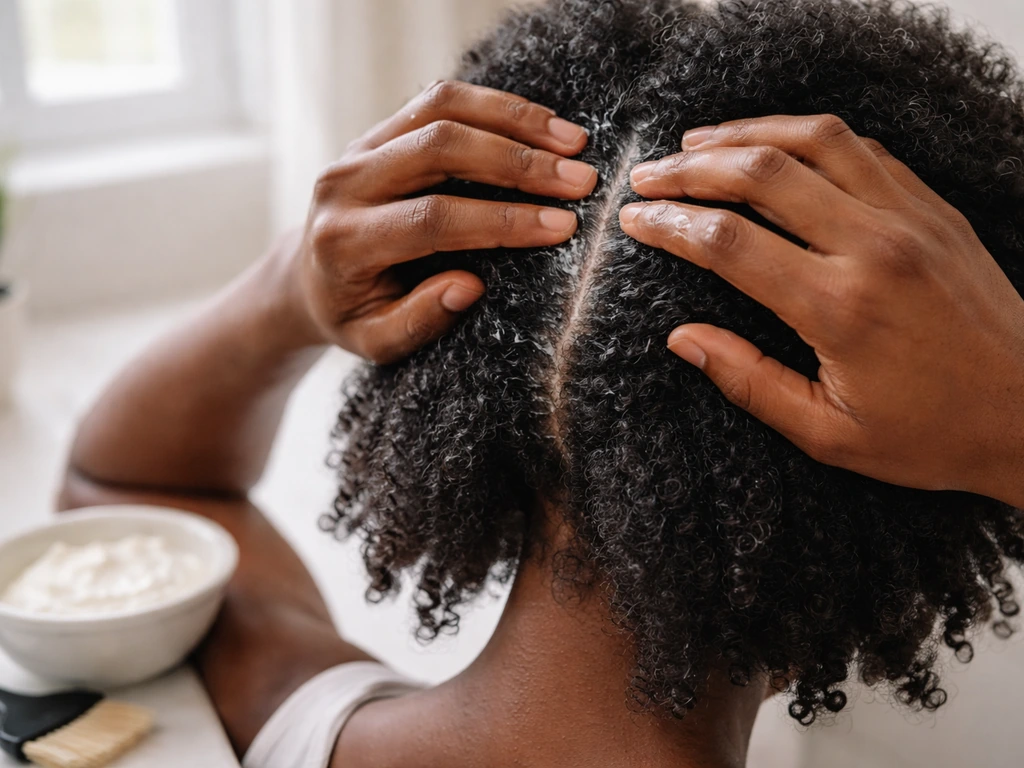 Hands gently applying deep conditioner to natural hair with a bowl and brush nearby in a bright bathroom