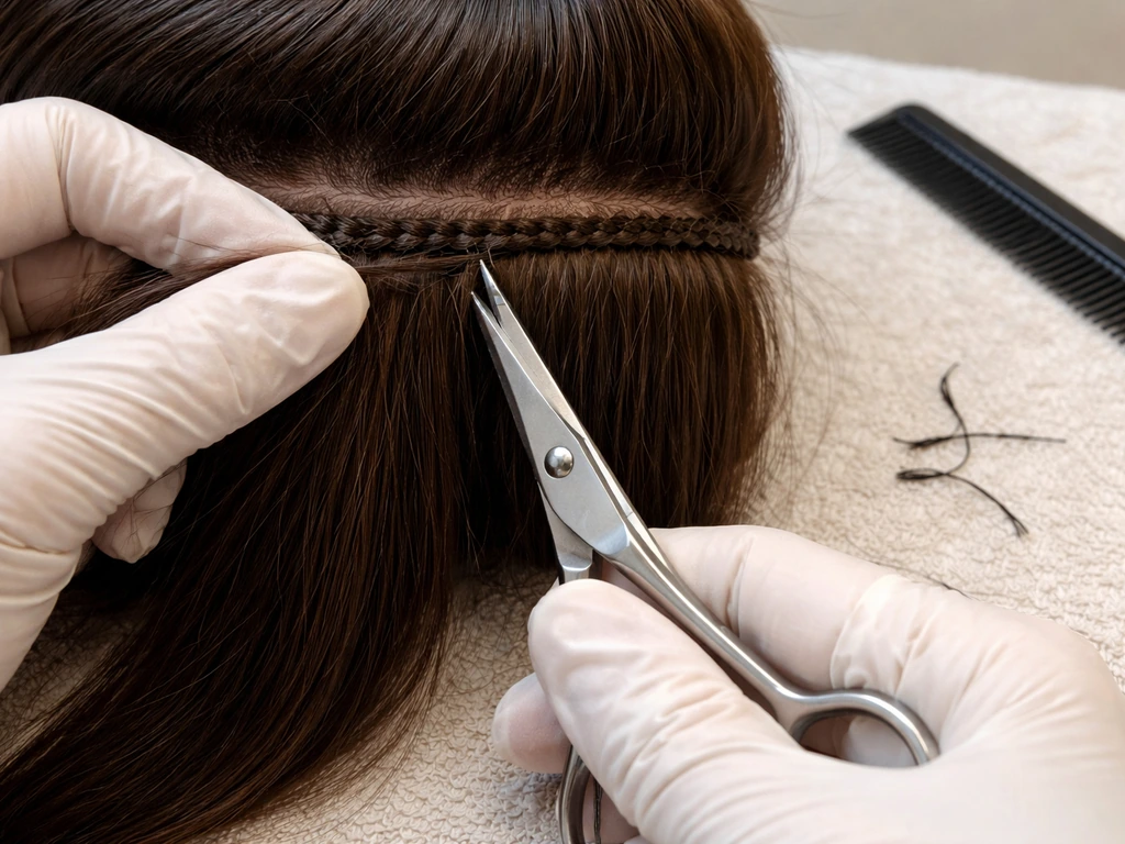 Gloved hands cutting sew-in threads with sharp shears while lifting wefts without tugging hair.