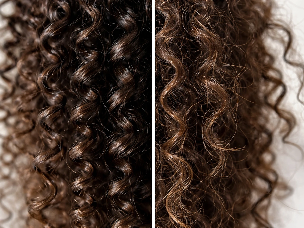 Split close-up of two hair strands: one clumped well-moisturized coil vs one dry frizzy rough strand with snap risk.