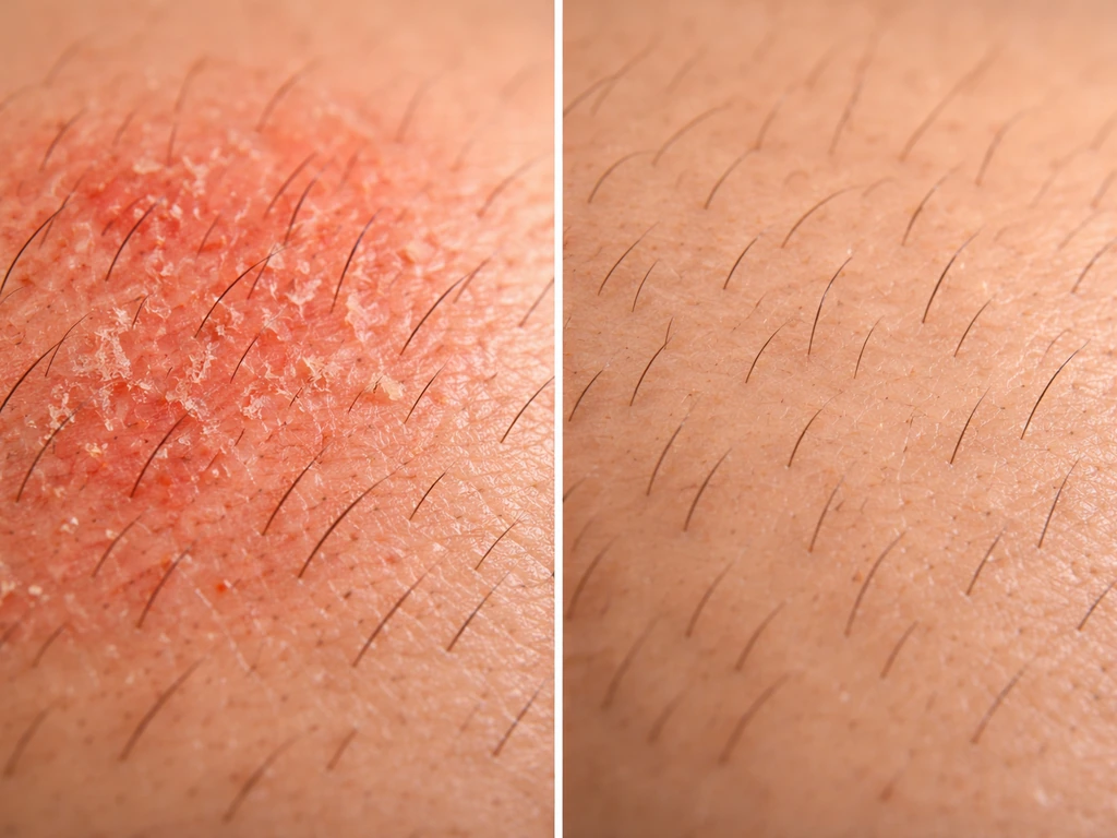 Macro view of scalp texture showing mild flakes and redness beside a calmer scalp area.