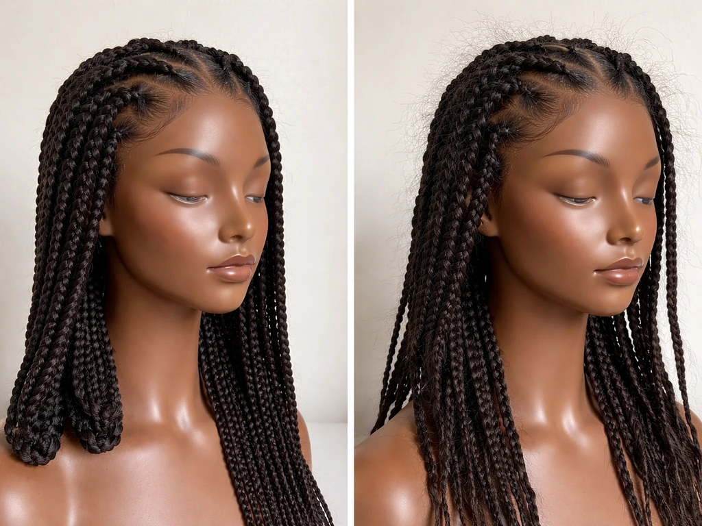 Split comparison of protective braids: ends tucked and smooth vs loose, frizzy, tense hairline.