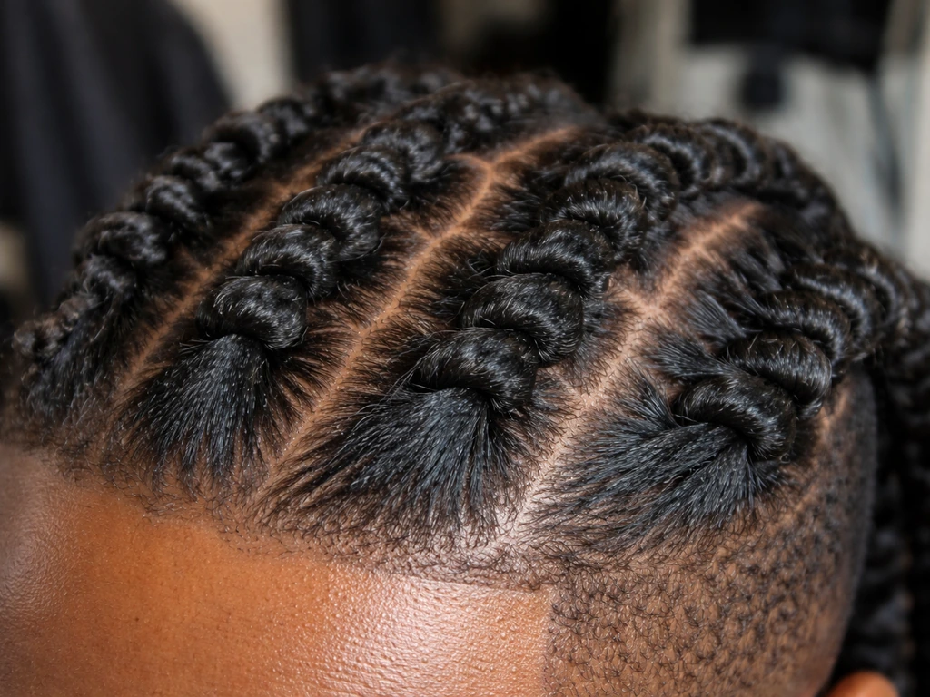 Close-up of starter dreadlocks showing neat barrel twists along the roots with a cylindrical shape.