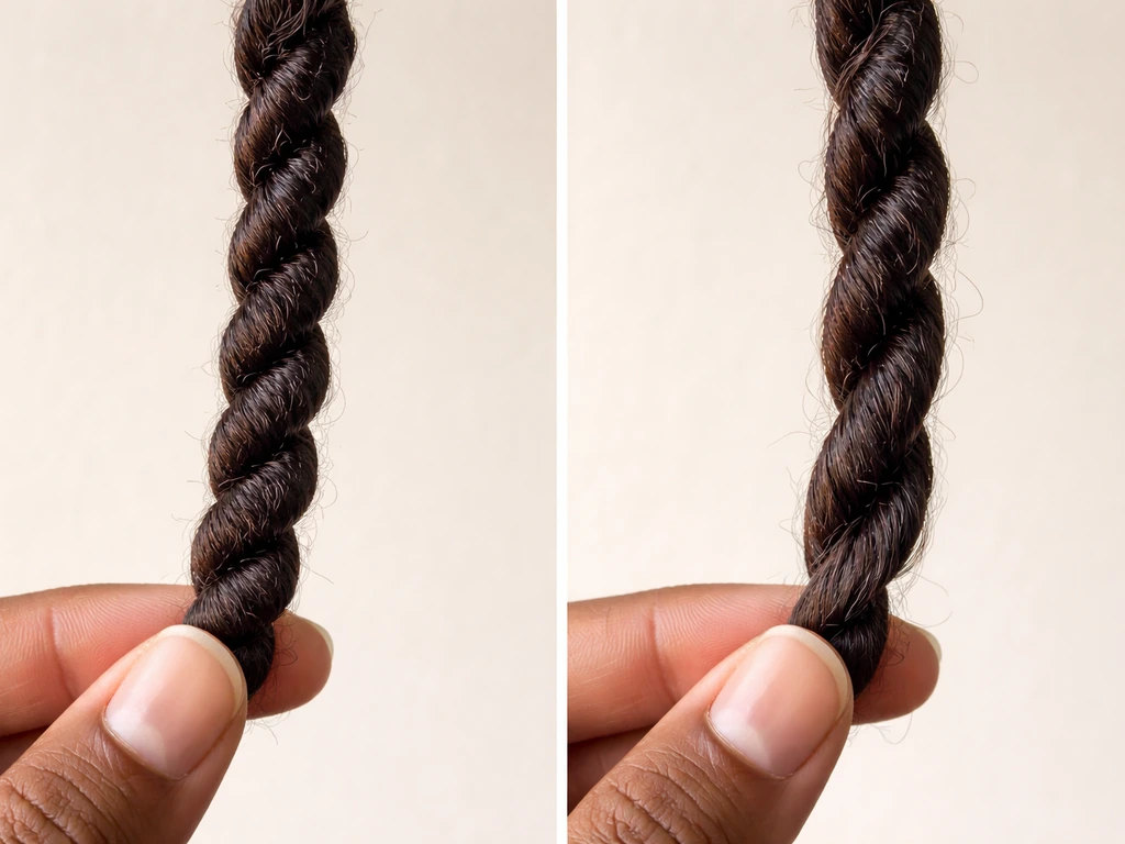 Close-up of small hair sections showing a cylindrical barrel twist versus a flat two-strand twist