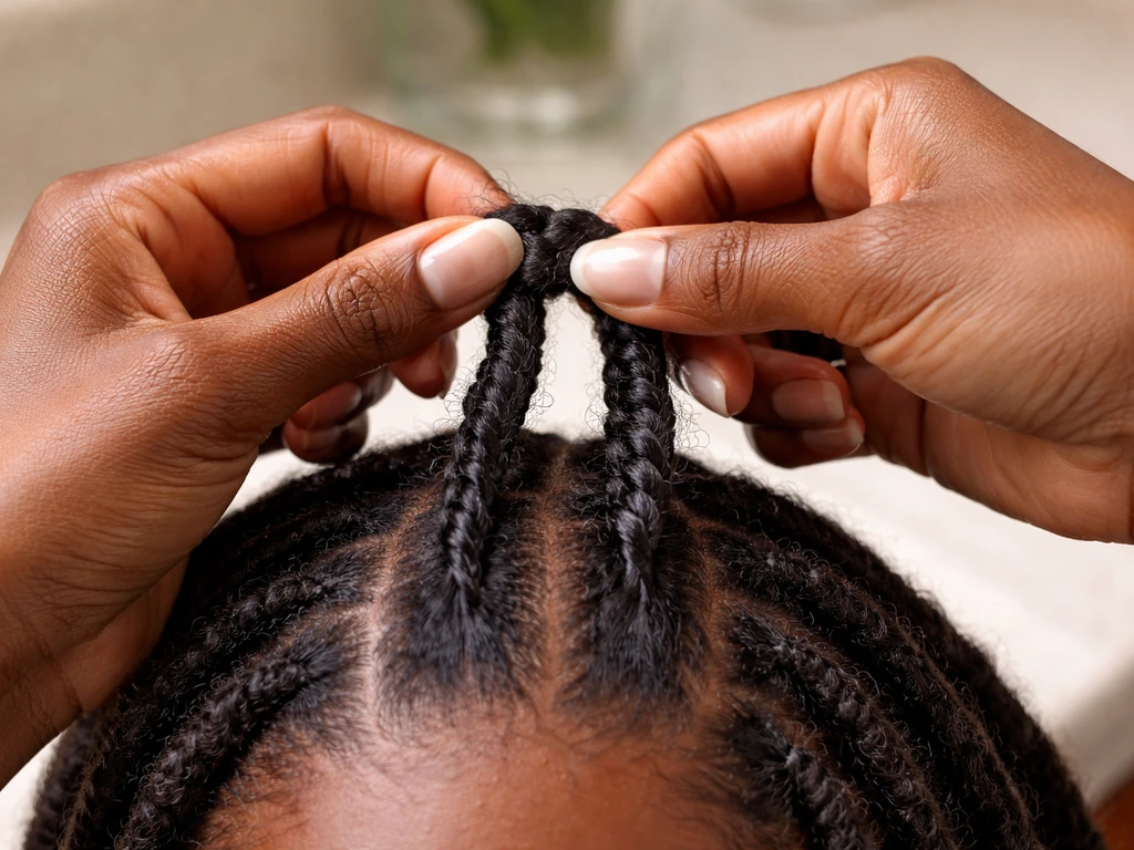 Close-up of hands gently forming small damp loc barrel twists with light grip, safe technique.