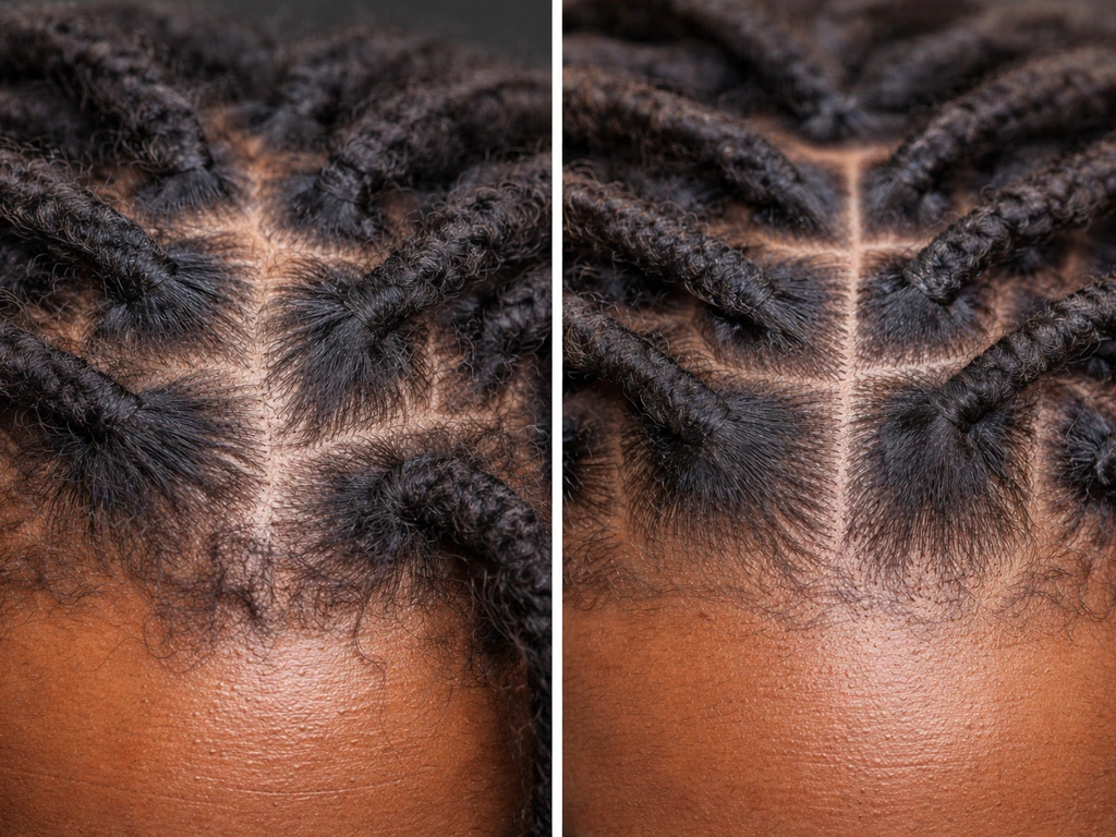 Close-up comparison of stressed versus stable loc roots showing traction points and proper root tension.