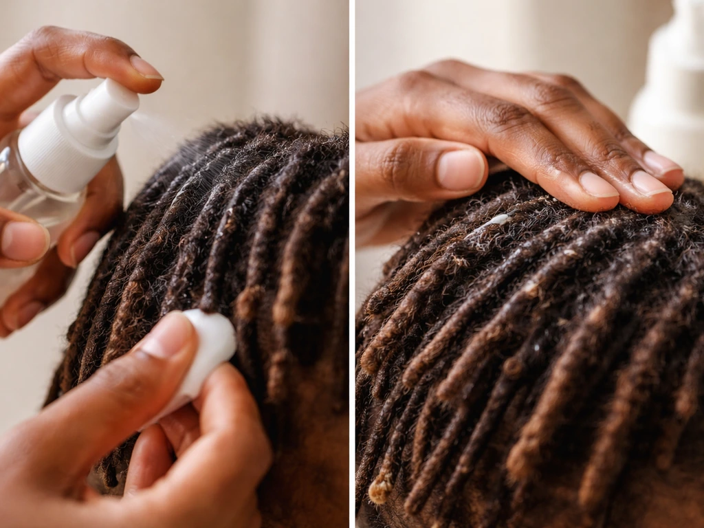 Close-up of hands applying water-based moisturizer to locs, then sealing shine on the outer strands.
