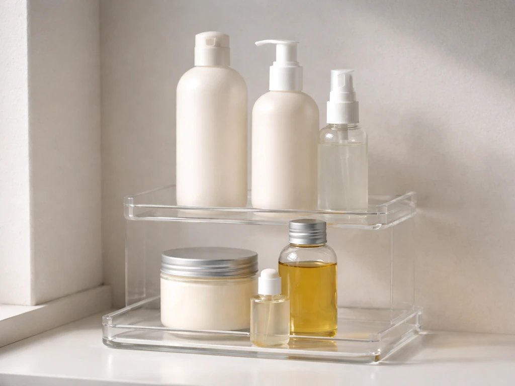 Minimal shelf scene showing three neatly arranged hair-care categories: moisture, seal, and scalp care.