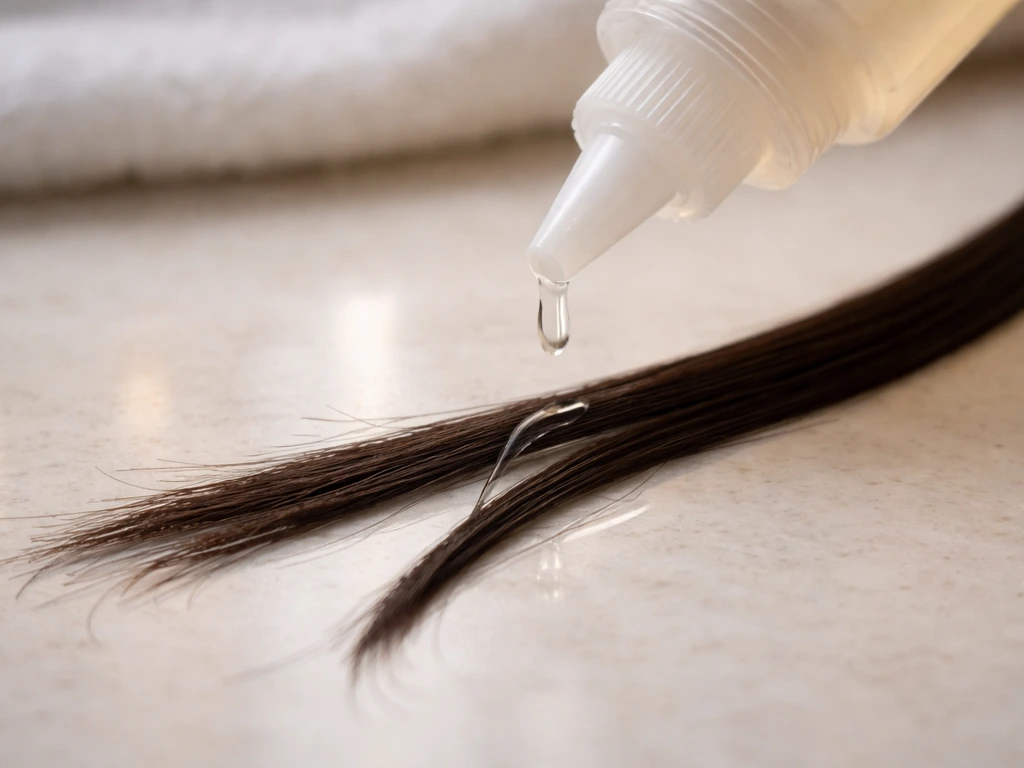 Close-up of a hair strand being coated with a protein treatment bottle, showing a smoother feel after treatment