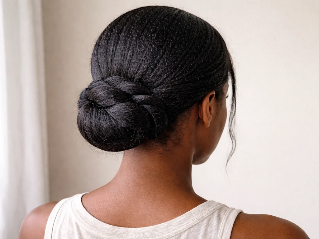 Relaxed hair sectioned into a low protective bun with ends tucked, styled neatly with minimal handling.