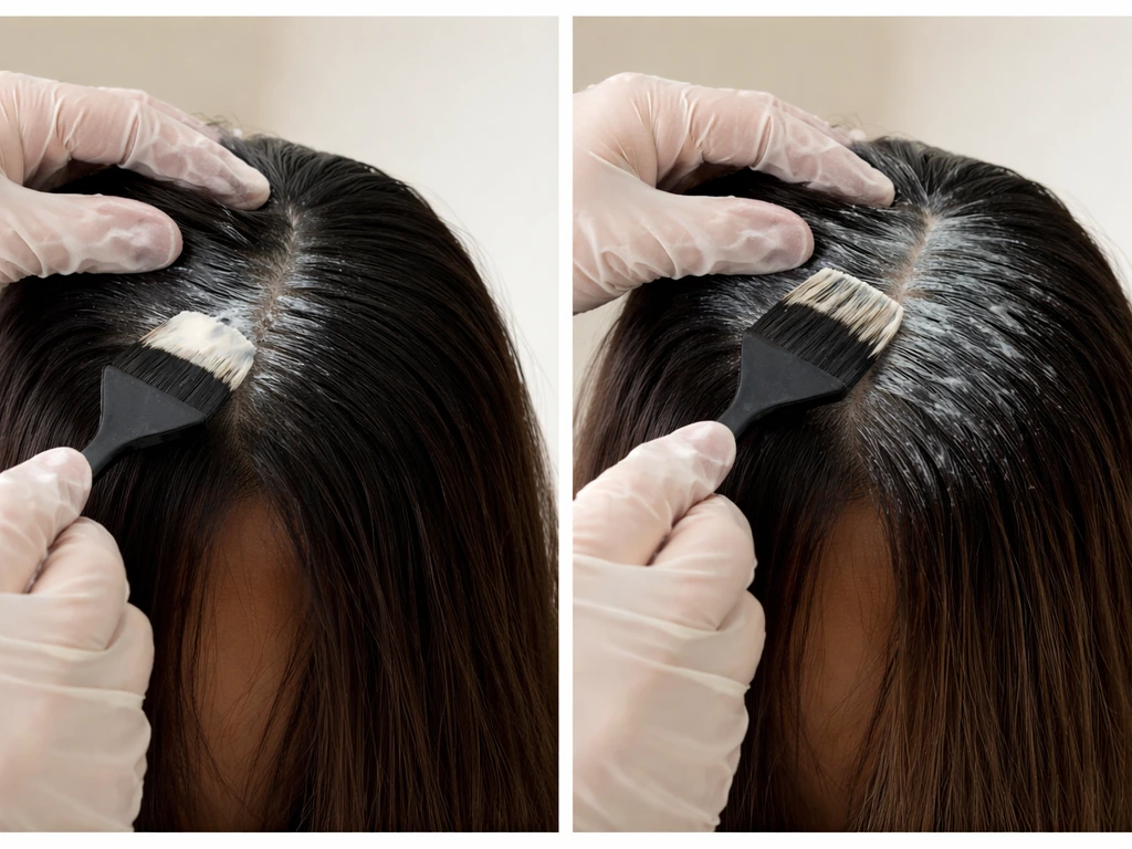 Two-panel close-up: relaxer applied to new growth only vs overlapping onto previously relaxed ends.