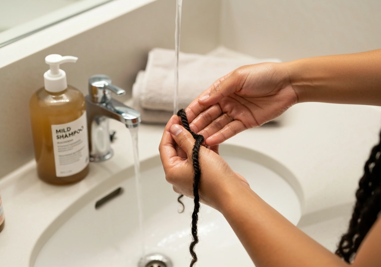Close-up of neatly styled hair twists being gently rinsed and preparing for a clean takedown