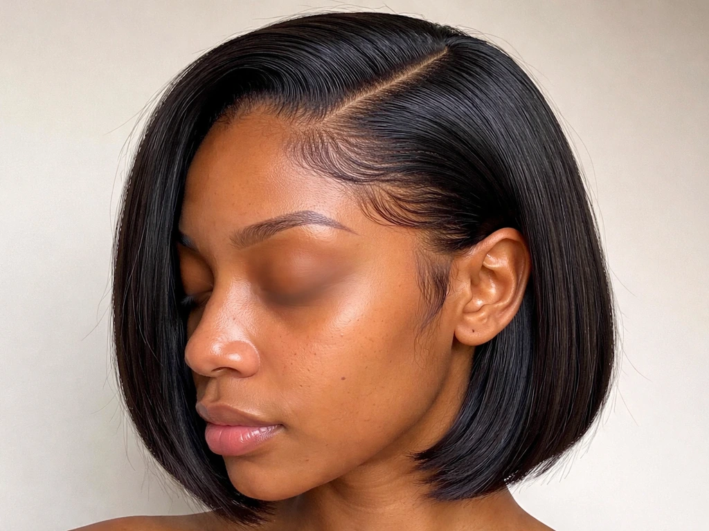 Anonymous person with a neat quick weave showing a visible natural hairline and perimeter in soft light.