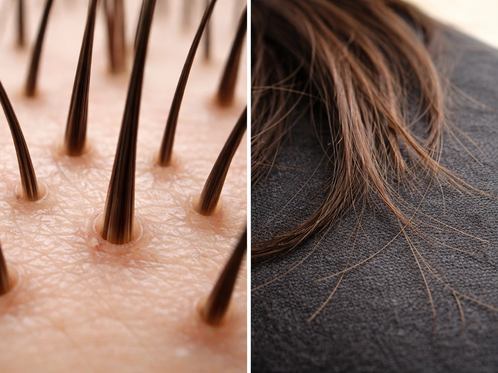 Side-by-side close-ups: scalp follicles for growth on the left, broken/shdding hair ends on the right.