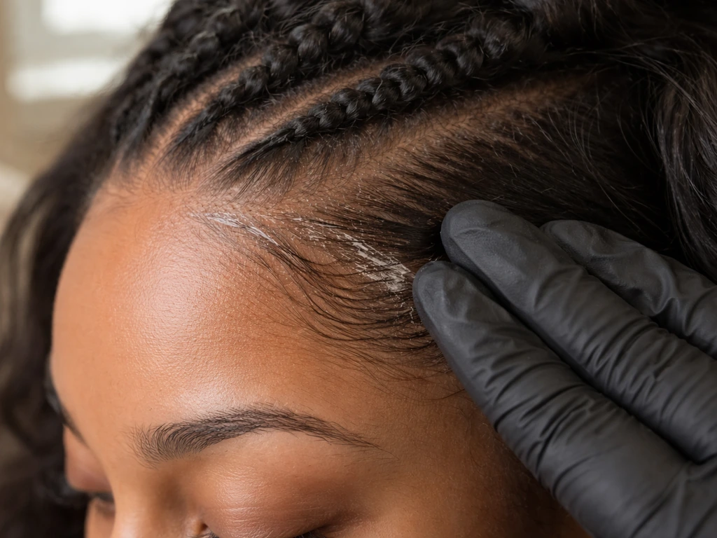 Close-up of hairline edges during a quick weave setup, showing where adhesive tension is applied.