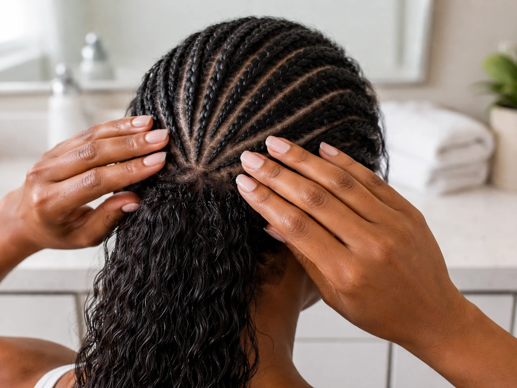 Hands smoothing deep-conditioned natural hair with neat small braids laid flat for a quick weave
