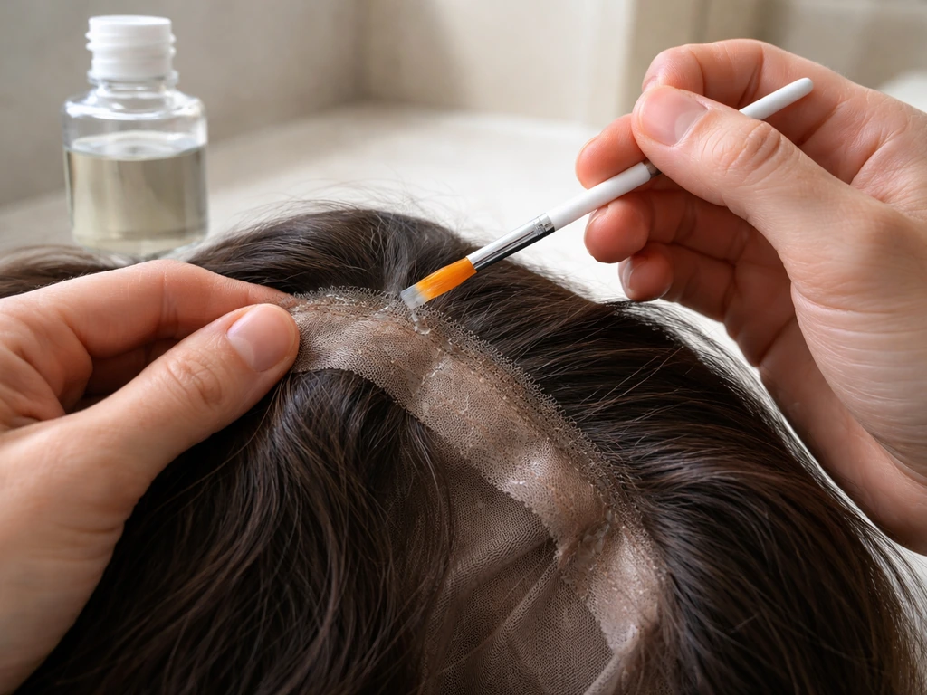 Hands apply oil-based adhesive remover to a wig bond seam, poised for gentle, safe removal.