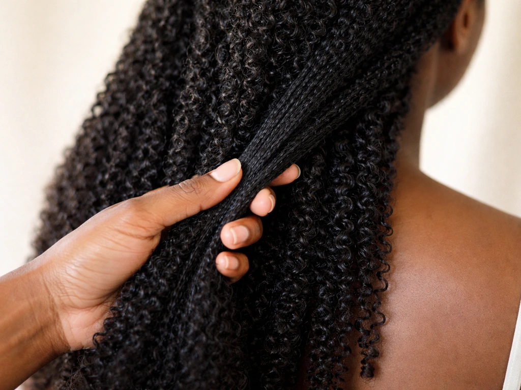Close-up of long, glossy Black textured hair with a hand gently smoothing the ends in protective styling.
