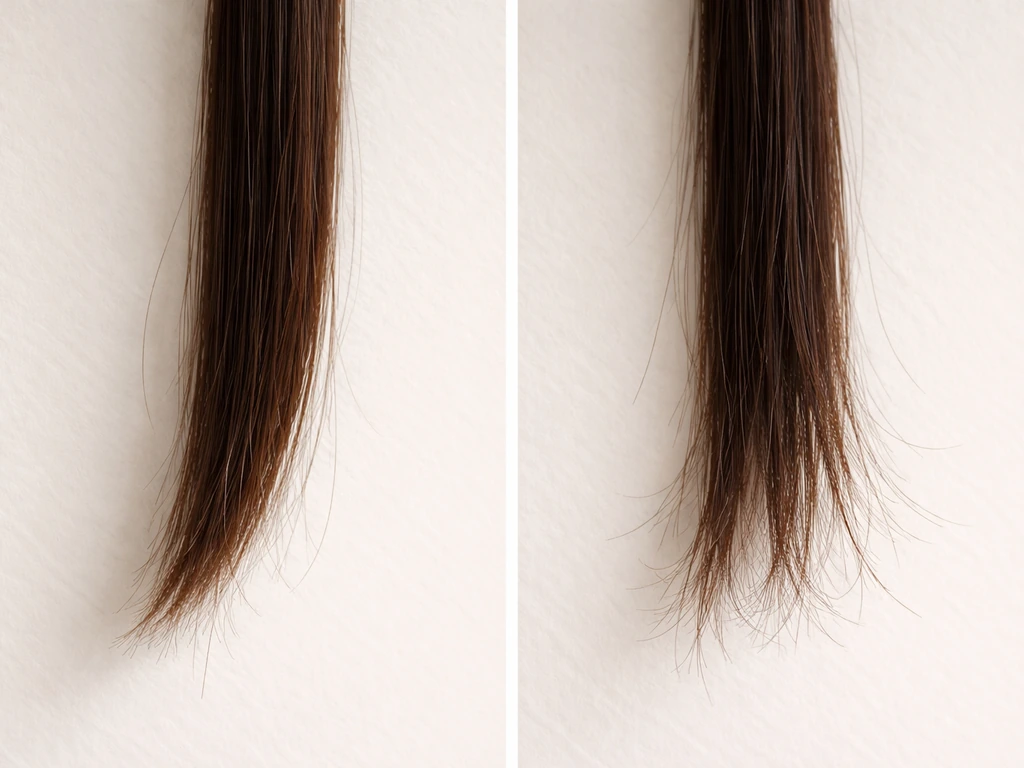 Two side-by-side hair strands showing new growth near roots and broken, frayed ends.