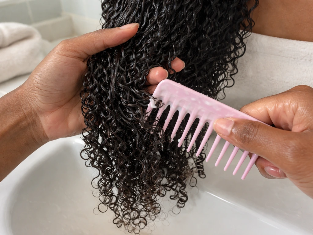 Hands detangling wet coily hair with leave-in conditioner using a wide-tooth comb in a bathroom