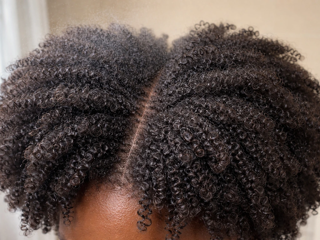 Close-up of healthy 4C afro hair with visible curls and moisture-rich texture, minimal background.