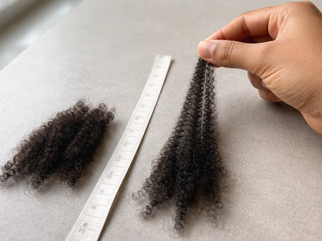 Hands gently stretching natural afro hair beside a simple length reference on a light surface