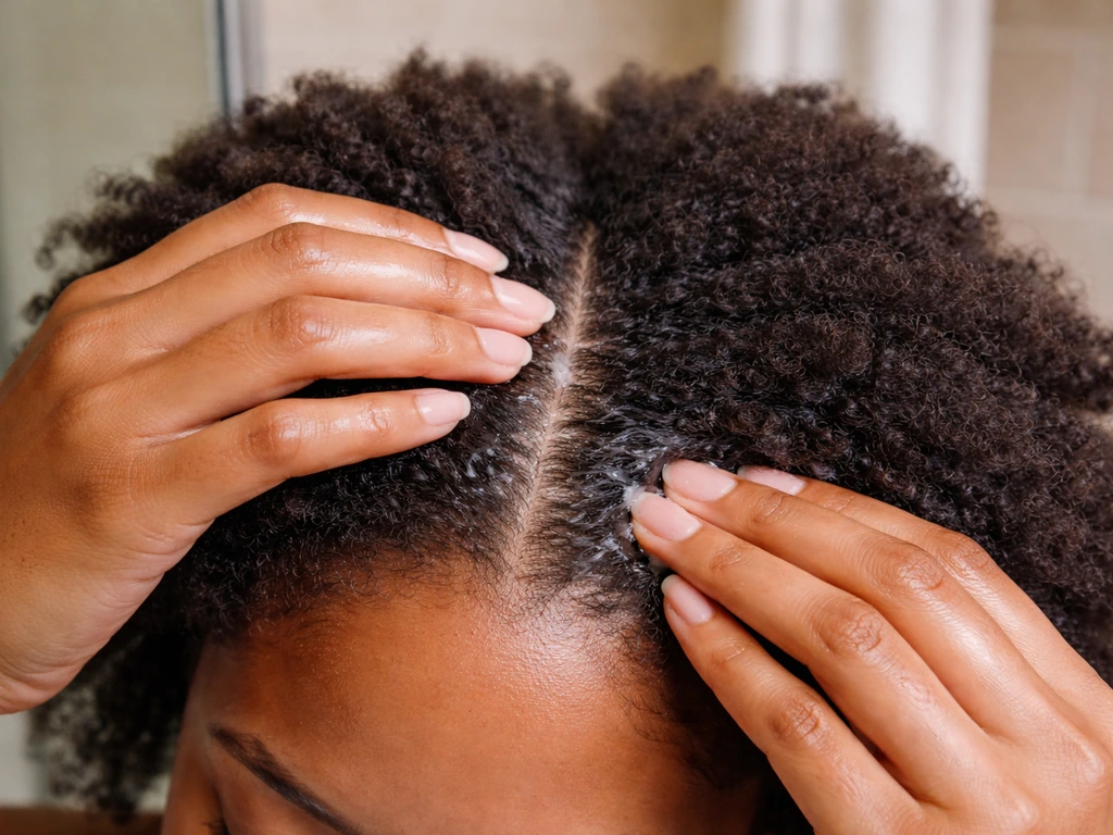 Close-up of hands parting natural afro hair and massaging moisturizer into the scalp