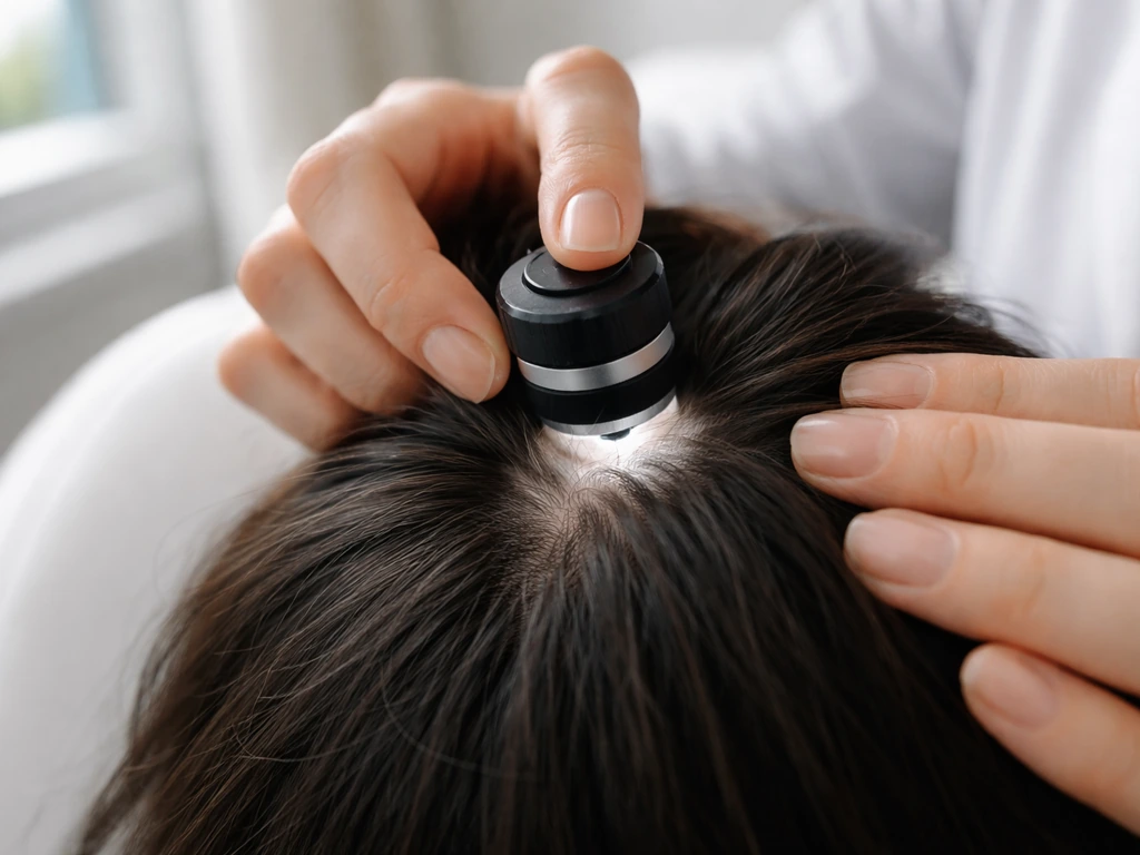 Dermatologist examining a patient’s scalp with a magnifier in a clean clinical room.