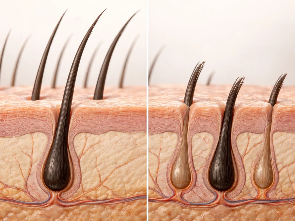Macro scalp cross-section showing new hair emerging on one side and hair breakage reducing length on the other