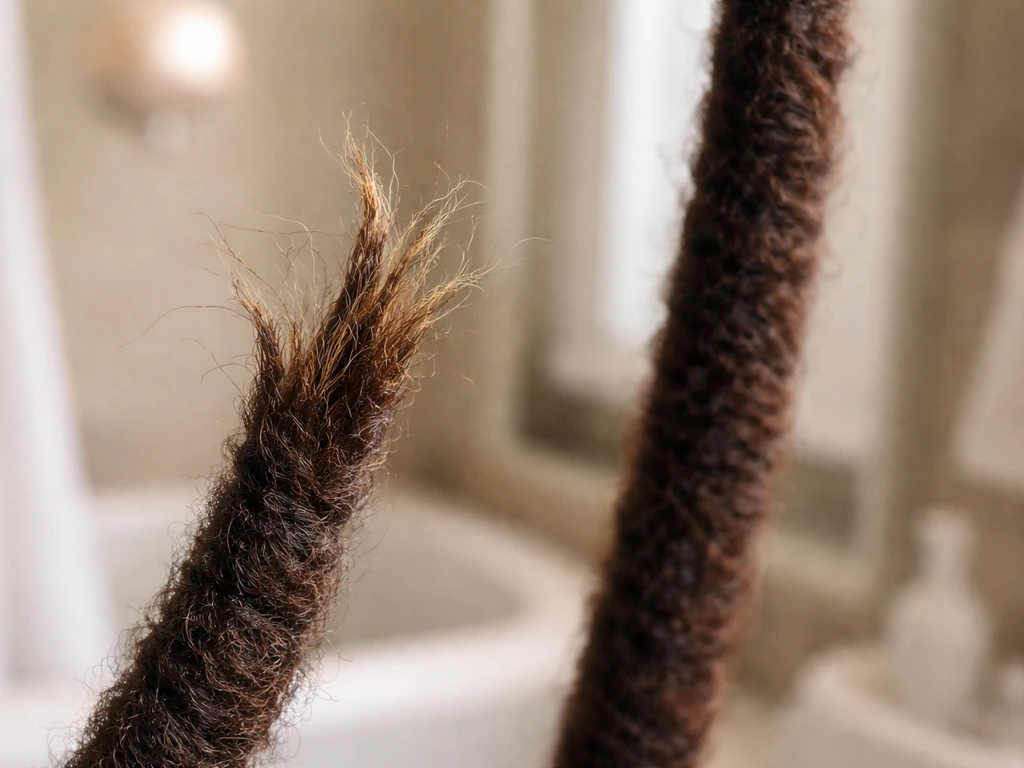 Macro photo comparing a split, damaged loc end with a healthy intact loc strand.