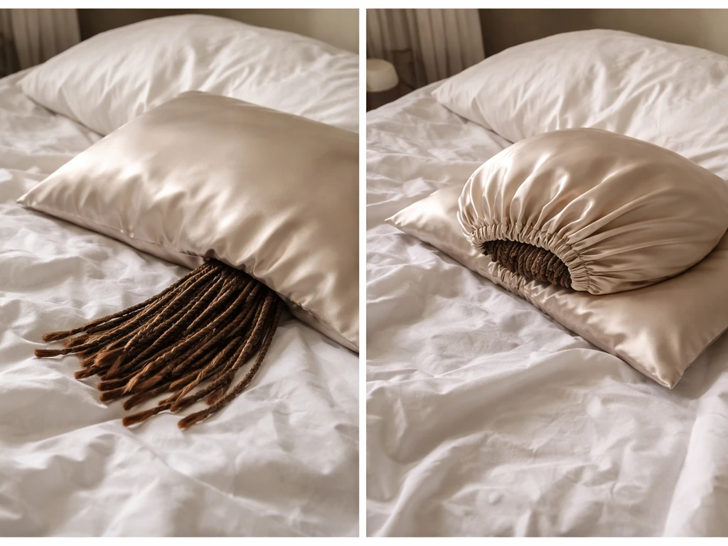 Satin bonnet and pillowcase on a bed with locs secured, shown from a practical night-protection angle.