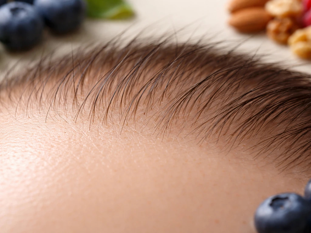 Close-up of a healthy scalp with soft light, subtle red-free irritation cues, and surrounding fresh nutrients