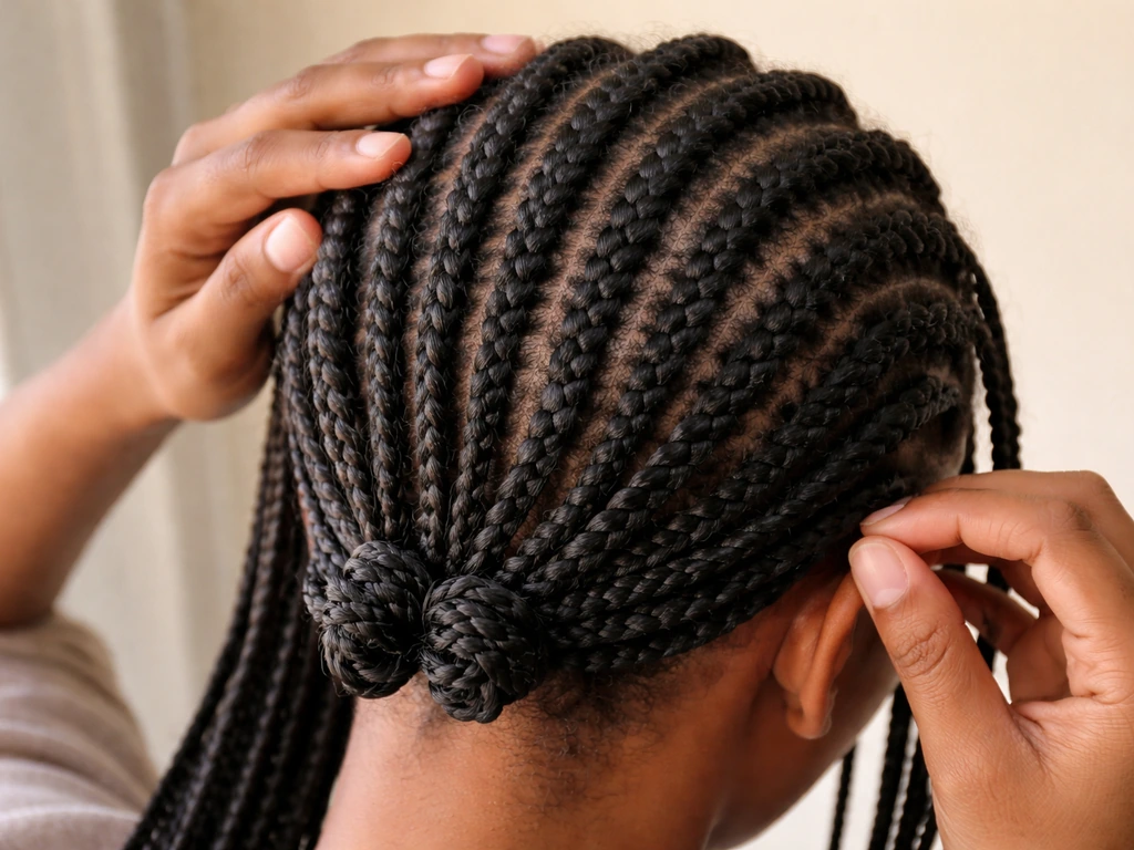 Close-up of natural hair with braids near the scalp, ends protected, showing gentle tension for retention