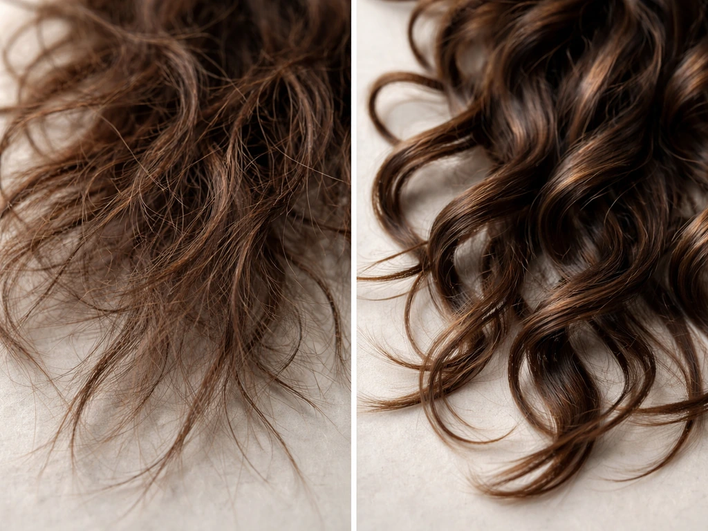 Macro view comparing heat-damaged frizzy hair strands vs smoother, healthier strands side-by-side.
