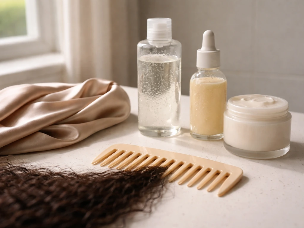 Bathroom counter laid out with clarifying shampoo, moisturizer, oil, comb, and satin scarf for weekly scalp care.