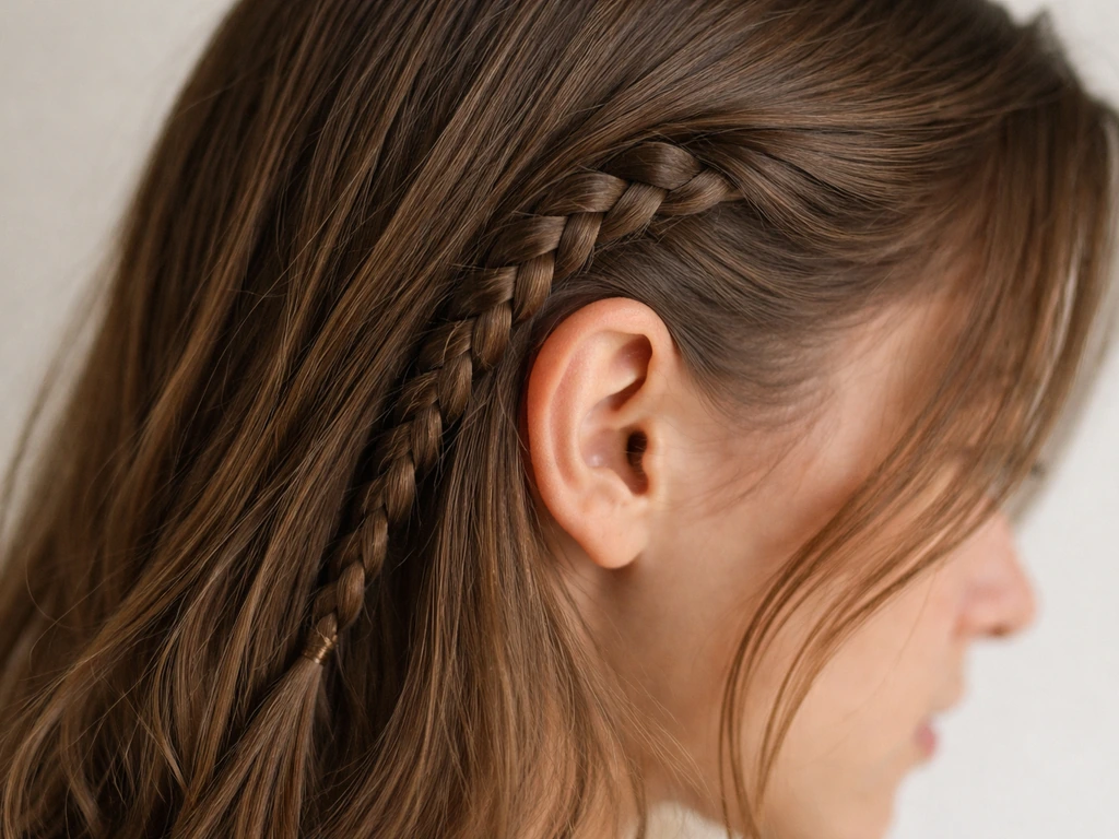 Close-up of a single tight side braid behind the ear on a neatly parted hairstyle.